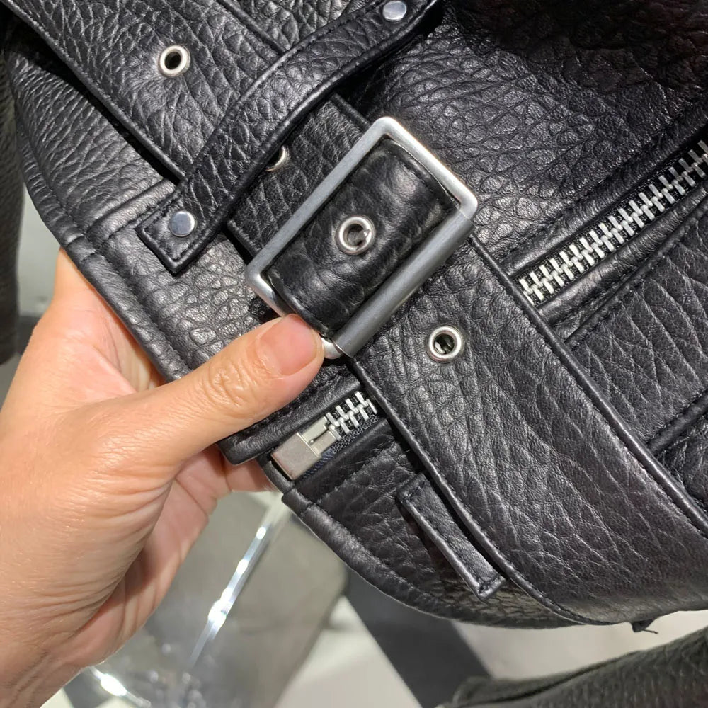 Black Texture Leather Jacket Biker Leather Jacket Ladies Real Sheepskin Coat N15