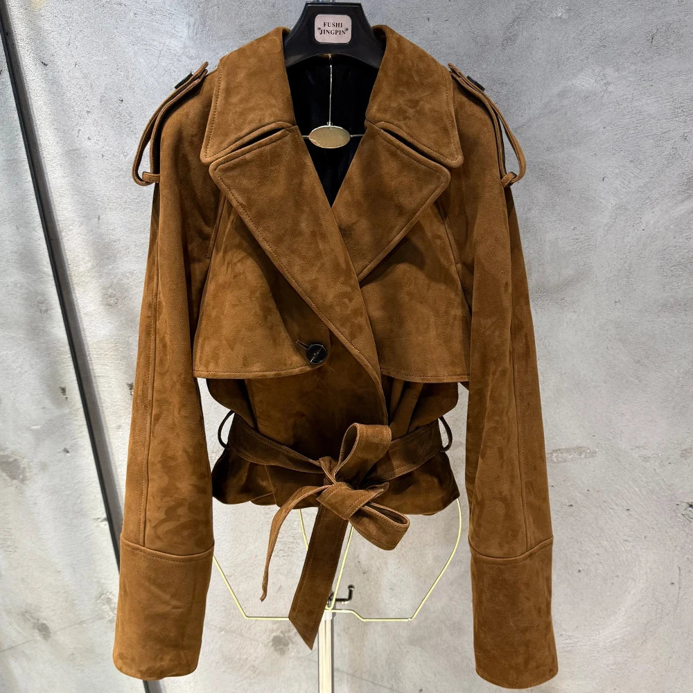 Women Casul Leather Jackets Short Windbreak Design Genuine Grained Sheep Leather Coats Lady