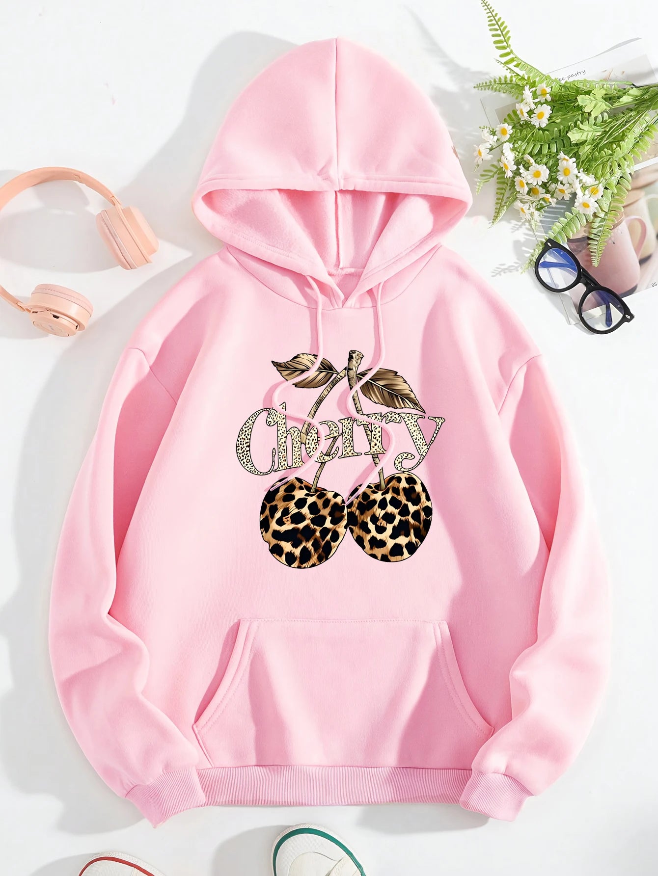 2025 Leopard Cherry Creative Printing Hoodies Women All-Match Streetwear Y2K Pocket Hoody Autumn Winter Casual Women Clothing
