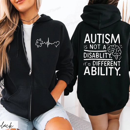 Autism Awareness Hoodie for Men Women, It's Not A Disability It's A Different Ability Zip Up Hoodies, Zipper Tracksuit Jackets