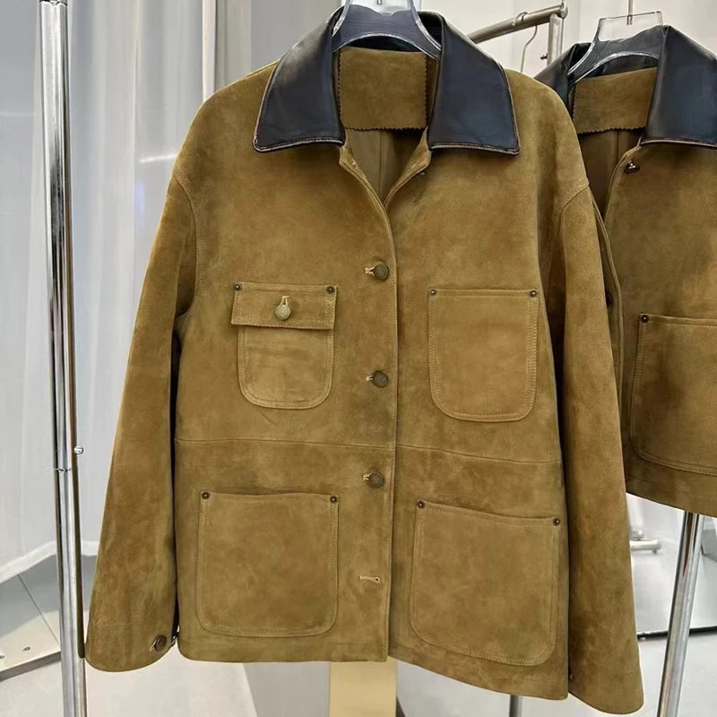 Retro Imported Mixed Sheep Suede Leather Jackets for Women 2025 Trendy Soft Kid Suede Medium Long Outwears Female Trench Coat