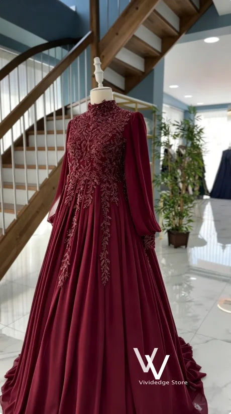 Muslim Wedding Dress Elegant Burgundy High-Neck Beaded vestidos Kaftan Long-Sleeved Henna Outfit Arabic Bridal Gown Customized