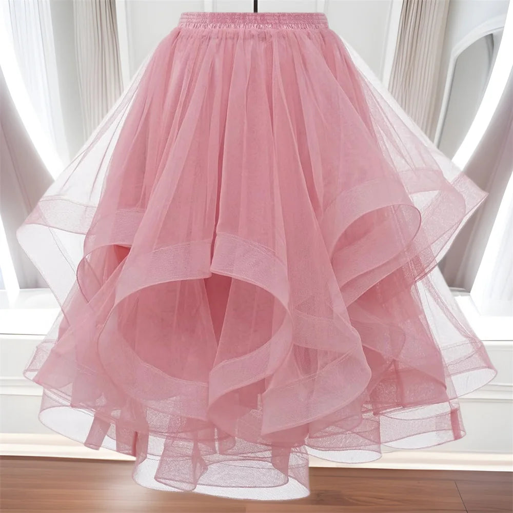 Fashion Tulle Skirt Spring Summer Women Irregular Mid-length Mesh A-line Skirt Women Solid Sweet Party Skirt Female Clothing