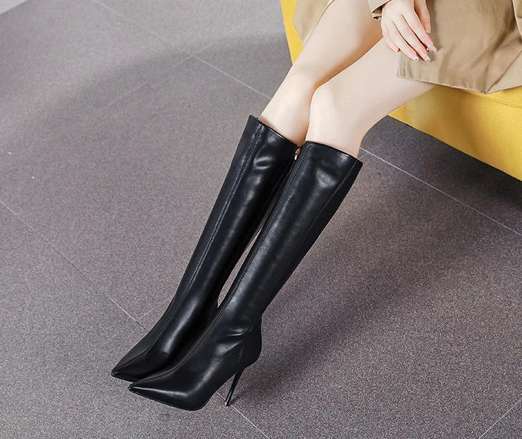 Black Women's Boots Long Pointed Toe Very High Heel Shoes for Woman Footwear Winter Knee Shaft Boot Trend 2024 Demi-season Hot