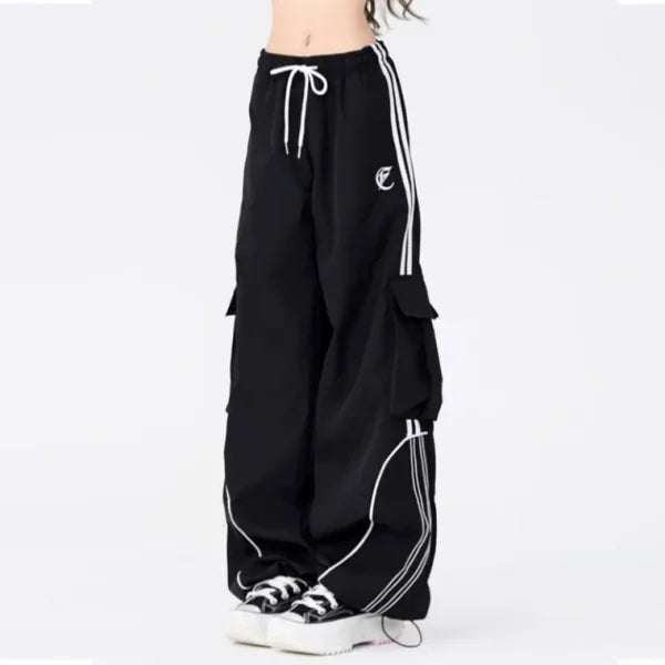 American High Street Black Drawstring Workwear Casual Sports Pants Women Spring 2026 New Loose Wide Leg Floor-Length Pants