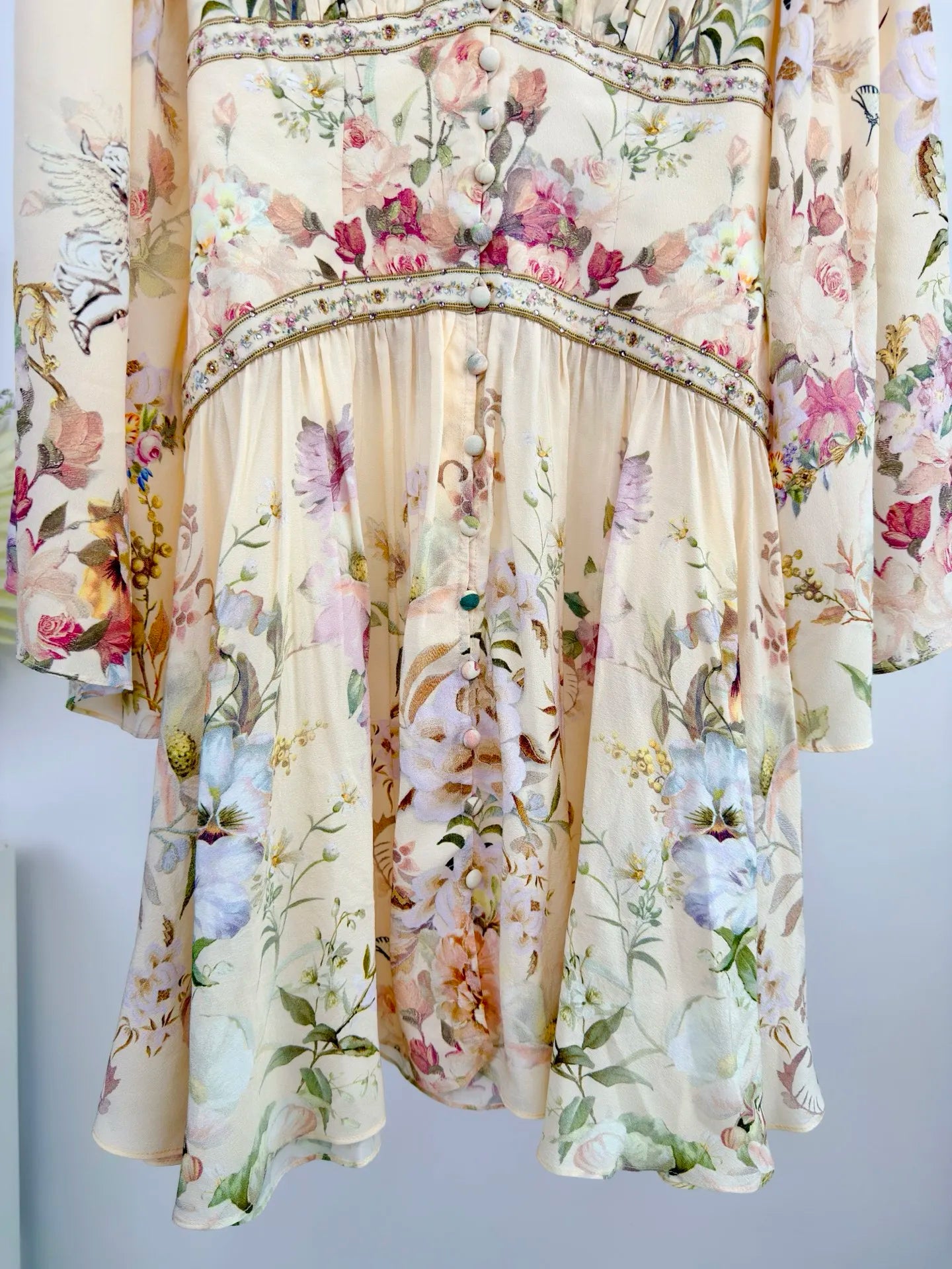 Women Silk Flower Printed Long Dress Heavy Beaded V-Neck Lantern Sleeve Loose Female dress