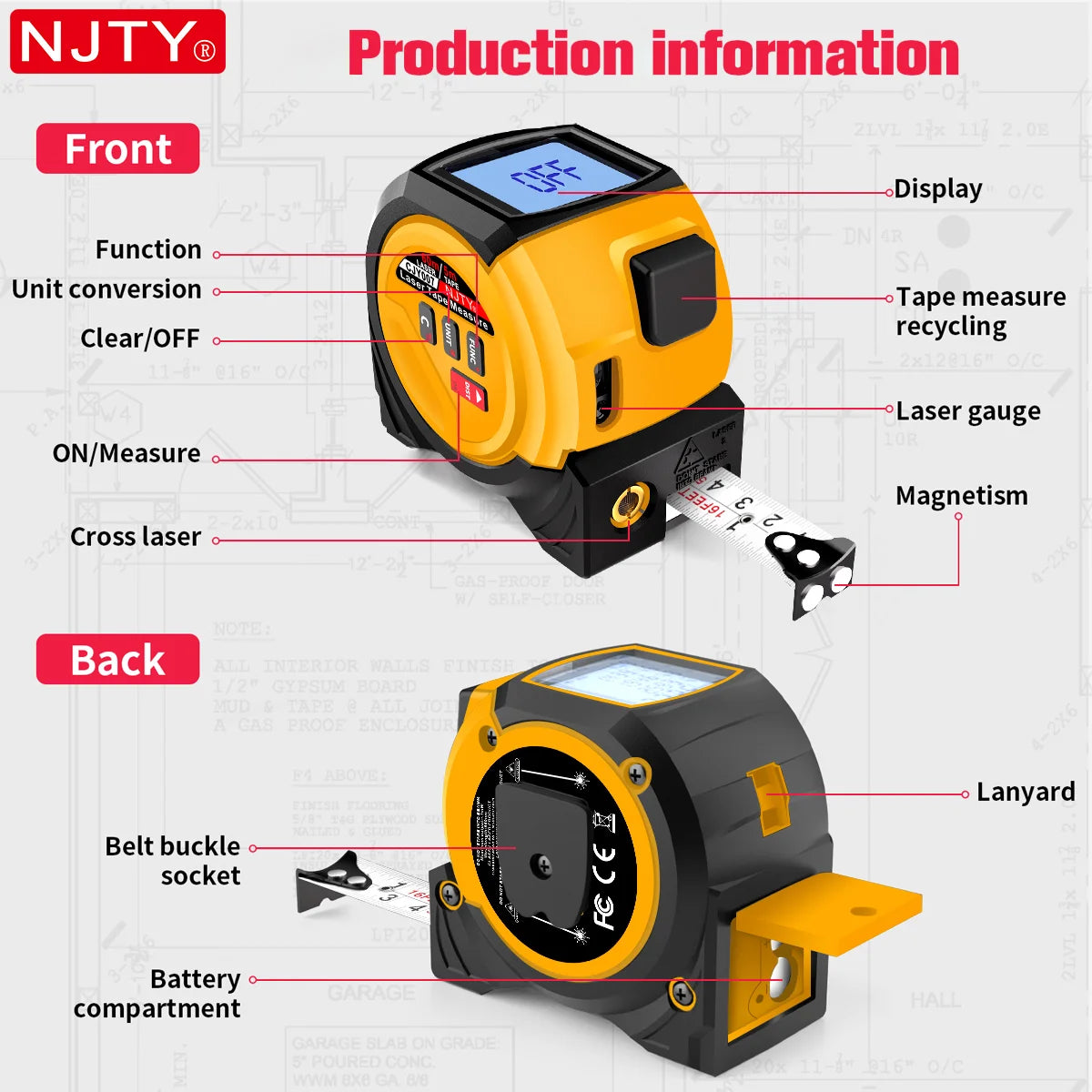 3-in-1 Laser Tape Measure British 60m/196ft  40m/131ft Laser Distance Meter Cross Laser Level Belt Buckle Design Self-lock Tools