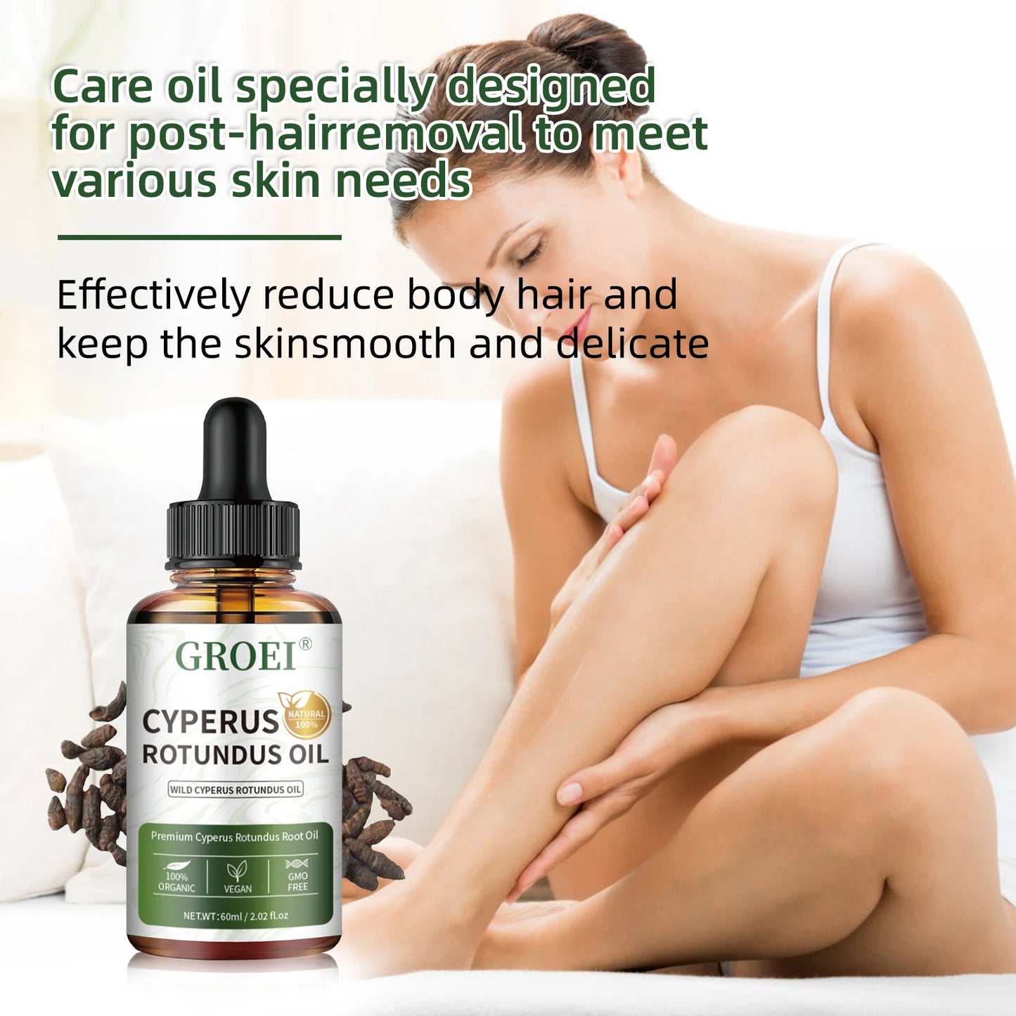 60ml Natural Organic Cyperus Rotundus Oil for Hair Growth Reduction, Post-Shave Care, Vegan & Non-Irritating Skin Moisturizer
