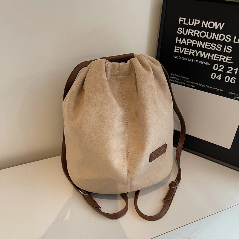 2024 Latest Women Fashion Backpacks Drawstring Bucket Shoulder Bags Soft Suede Large Capacity Rucksack For Travelling Shopping