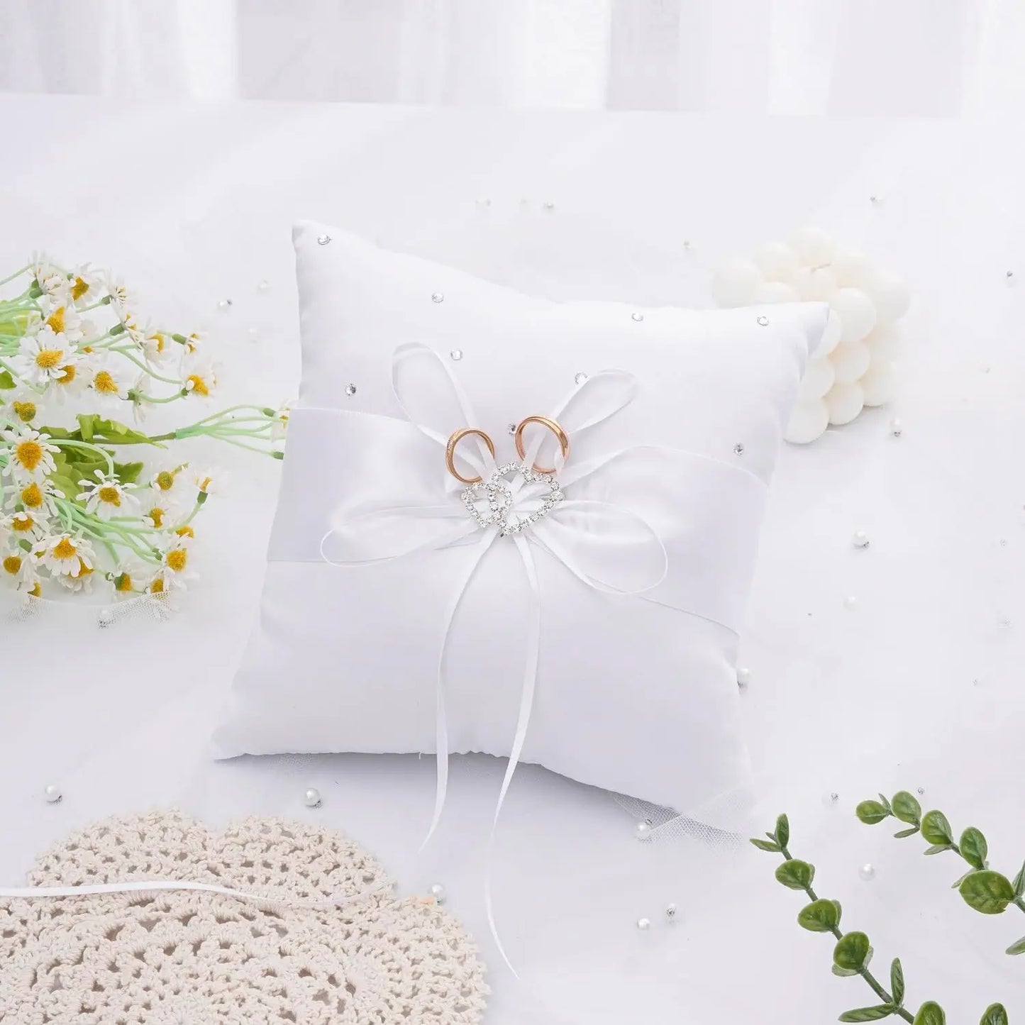 Ring Cushion Wedding Cushion Wedding Ring Cushion with Satin Wedding Decoration with Double Hearts Approx. 10 cm x 10 cm