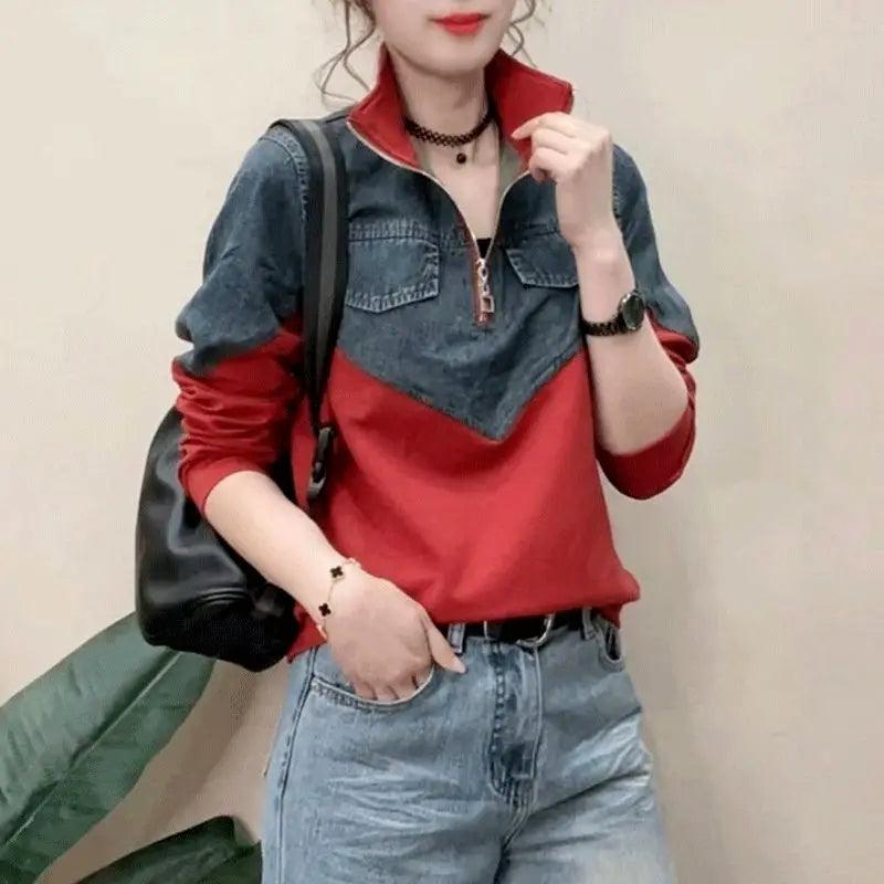 Women's Spring New Casual Half Zipper Denim Splicing Korean Version Loose Everything Shirt Contrast Color Stand Collar T-Shirts