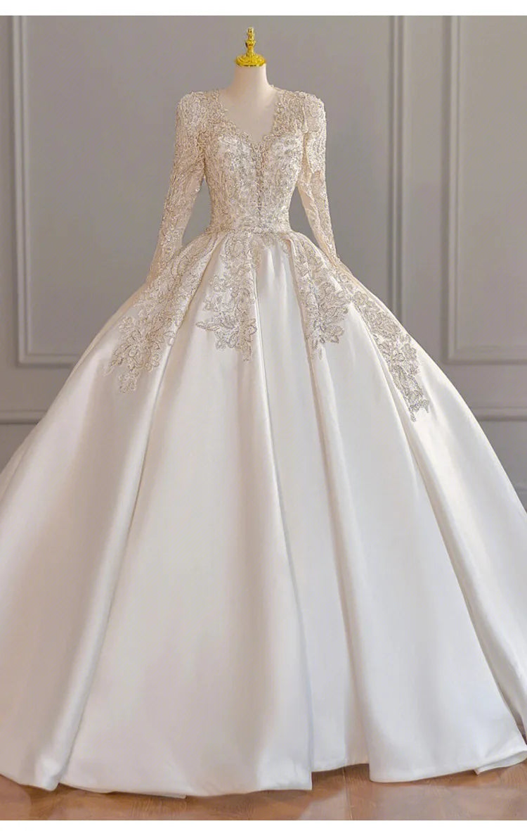 Wedding Dress Long Sleeve Heavy Industry 2023 New Bride V-Neck Satin High Quality Palace Main Wedding Dress French Wedding Dress
