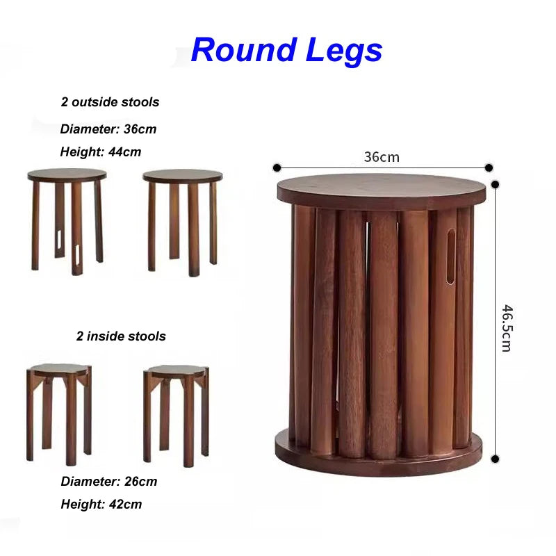 4pcs Foldable Solid Wood Stool, Living Room Low Stools, Bedroom Dressing Stool, Dinning Room Dinner Stool,  Round Small Table