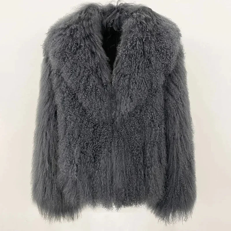 Mongolian sheepskin fashionable and luxurious women's coat for winter, providing warmth, high street style, natural material, du