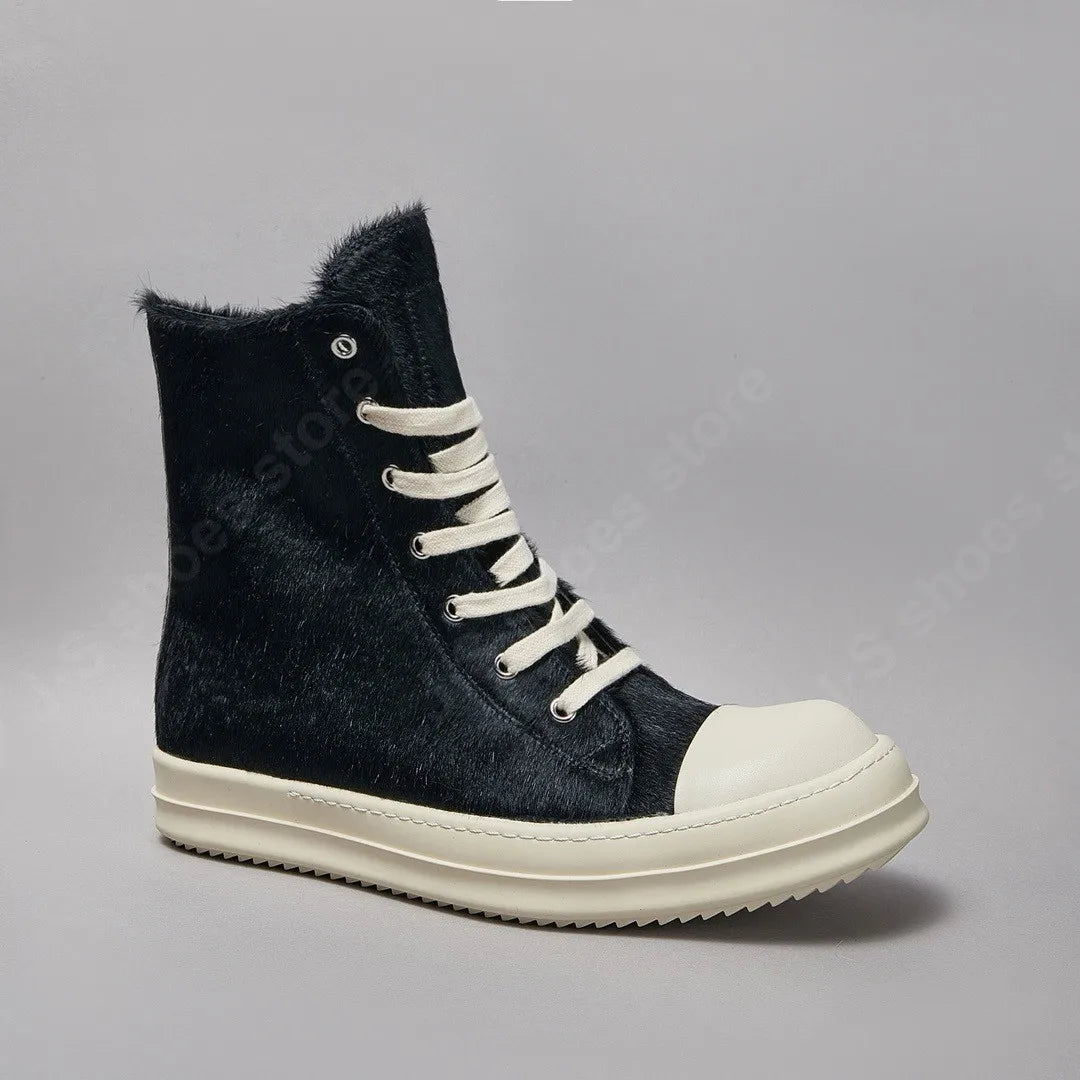 R-o Classic Men Shoe Black Horse Hair Boots Women Shoes High Top Sneaker Black Horsehair Ankle Boot Zipper Outside Sneakers
