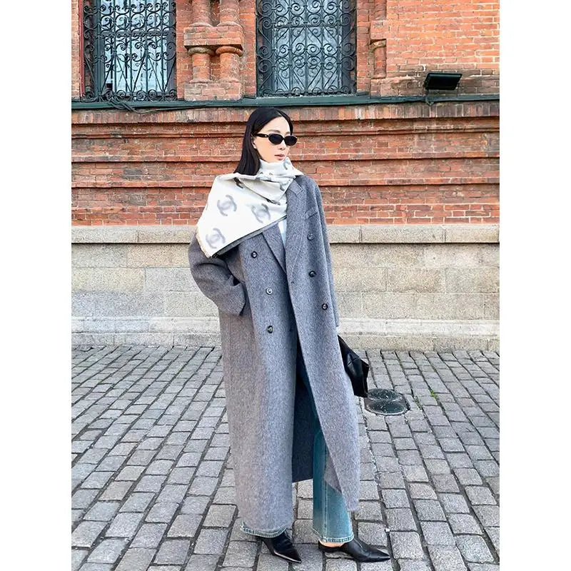 Office Lady Woolen Jackets 2024 Autumn And Winter Suit Collar Double Breasted Warmer Yak Hair Loose Long Women's Wool Coats