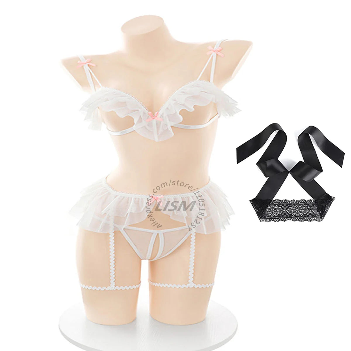 LISM Women's Cute Ruffle Lingerie Set White Sheer Triangle Bra Thong Garter Belt Set for Intimate Wear Cosplay