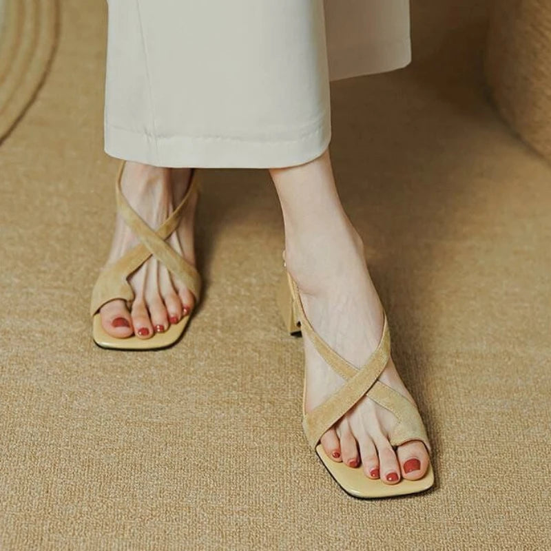 Footwear Square Heels Women's Shoes Beach Sandals for Woman One Word Summer 2023 Blue Medium New Breathable Fashion