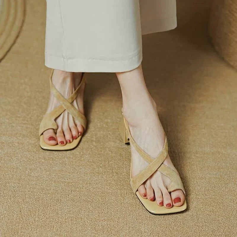Footwear Square Heels Women's Shoes Beach Sandals for Woman One Word Summer 2023 Blue Medium New Breathable Fashion