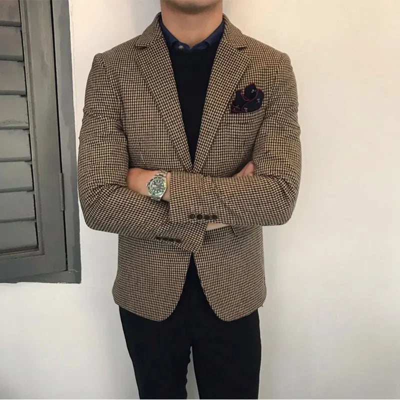 Spring and Autumn Wool Suit Men's Jacket Houndstooth Suit Large Size Retro Slim Business Thickened Casual Suit