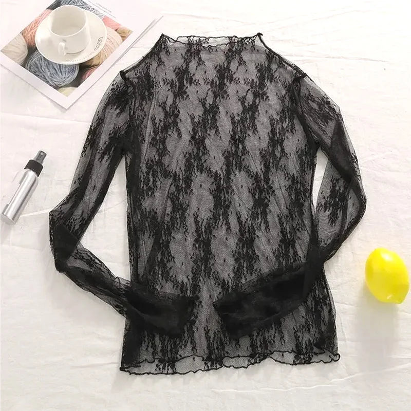 Summer Women Lace Floral Embroidery Blouses  Ladies Tops Sexy Mesh Blouses Transparent Elegant Long Sleeves See-through Shirt