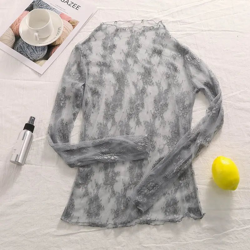 Summer Women Lace Floral Embroidery Blouses  Ladies Tops Sexy Mesh Blouses Transparent Elegant Long Sleeves See-through Shirt