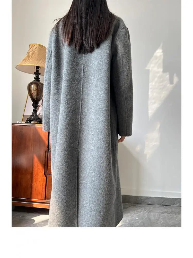 Office Lady Woolen Jackets 2024 Autumn And Winter Suit Collar Double Breasted Warmer Yak Hair Loose Long Women's Wool Coats