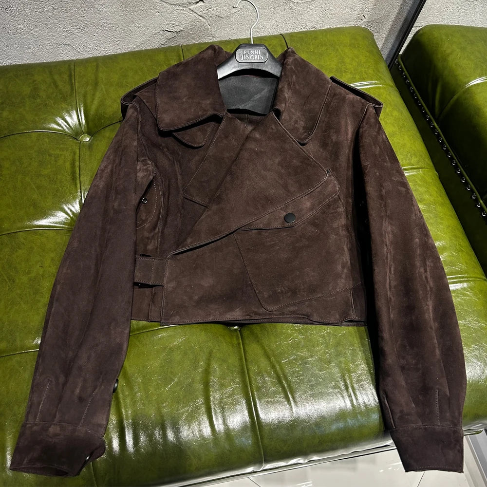 Oversized Brown Suede Women Jacket Real Sheepskin Leather Coat 2026 Loose Outwear