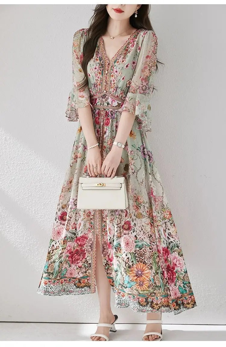 Green Silk Dress for Women in the Summer of 2026 Luxurious High-end Exquisite and Elegant Temperament Mulberry Silk Vacation WLF