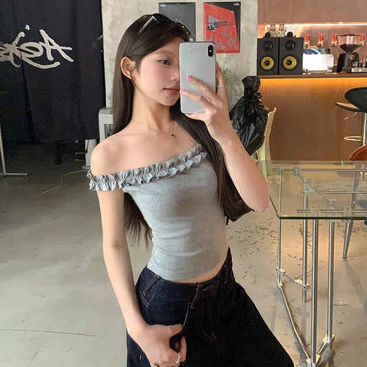 Women's Summer Off-Shoulder Solid Color Tops Sheath Casual Daily Cropped T-shirt
