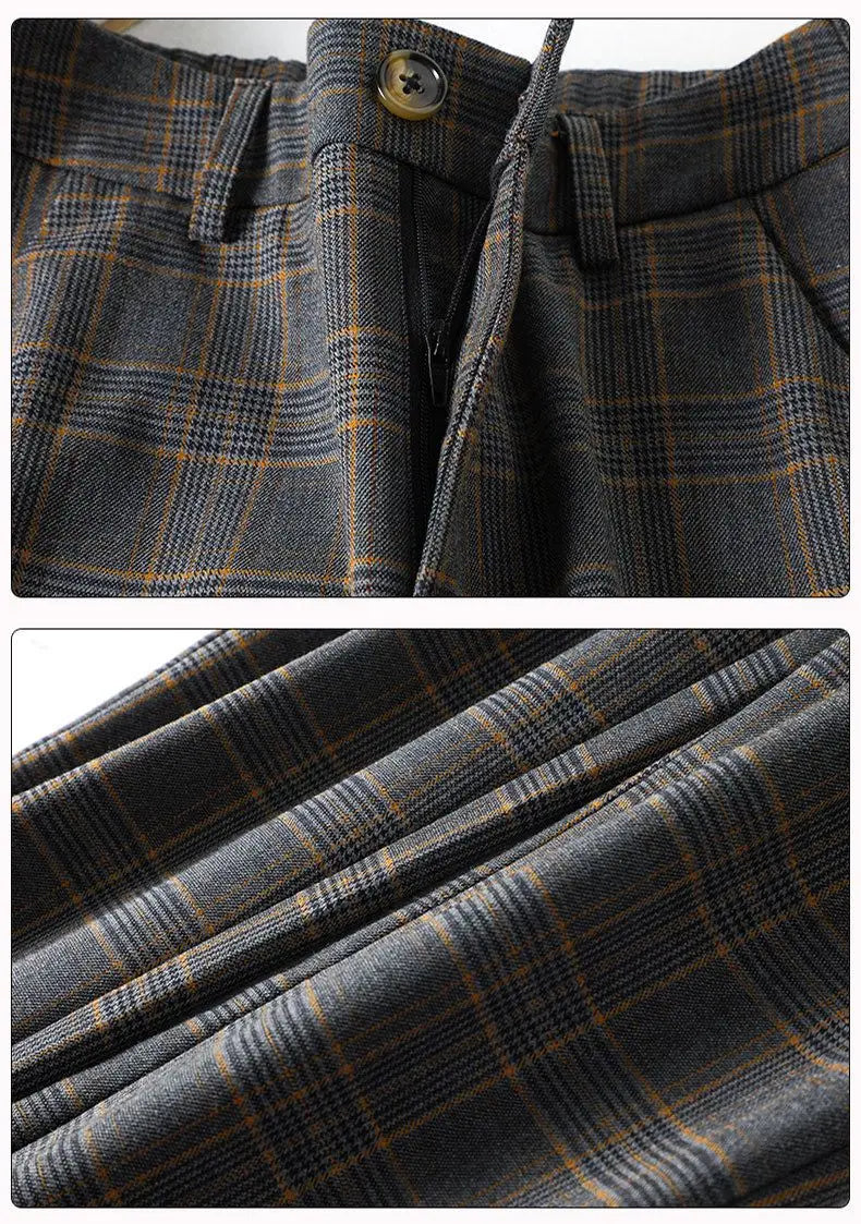 Office Lady Slim Woman Clothing Plaid Suits Pants Spring Autumn New Korean Fashion Vintage High Waist Straight Casual Trousers