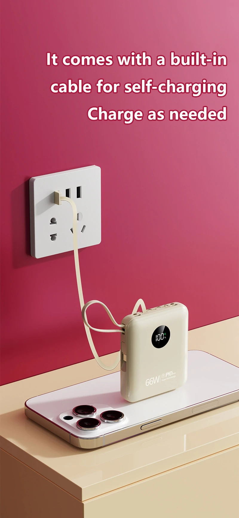 50000mAh PowerBank 66W Super Fast Charging with Cable Large Capacity Compact Portable Mini Shared Four Wire Mobile Power Bank