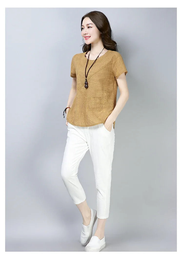 Women's Summer Blouses 2024 Vintage Linen Cotton Women Tops Blouses Short Sleeve Women Shirts Women Clothing Blusas 2127