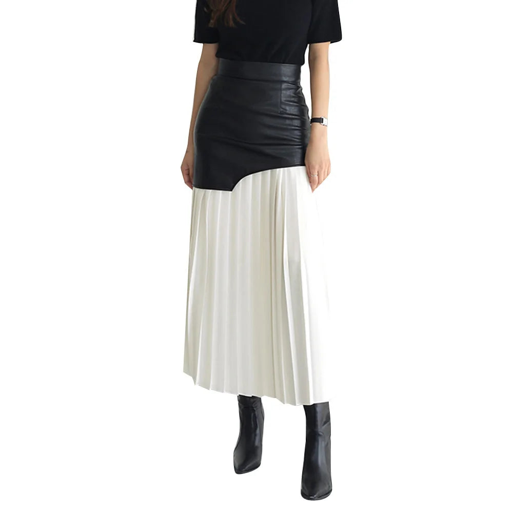 TWOTWINSTYLE Casual Patchwork Pu Skirt For Women High Waist Midi Folds Pleated Skirts Female 2022 Spring Fashion Clothing Style