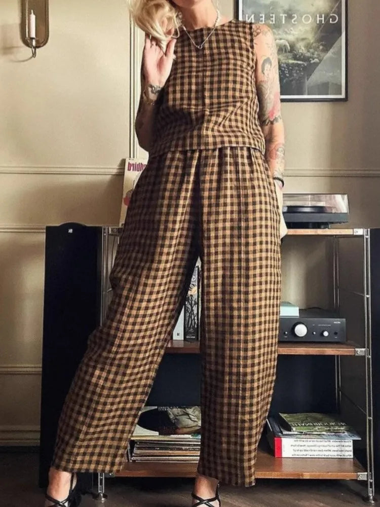 Fashion Women's Pants Set Printed Plaid Sleeveless 2025 Spring Summer Relaxed Vest Nine Point Pants Home Wear Female 2 Piece Set
