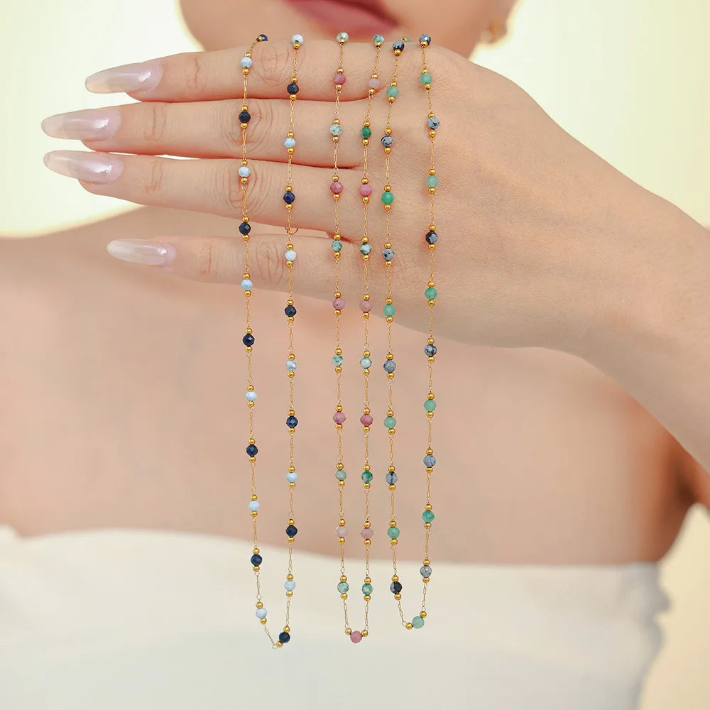 Women's Necklace Natural Stone Handmade Bead Double-layer Layered Collarbone Chain Stainless Steel Jewelry