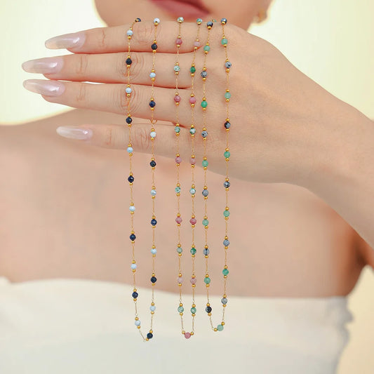 Women's Necklace Natural Stone Handmade Bead Double-layer Layered Collarbone Chain Stainless Steel Jewelry