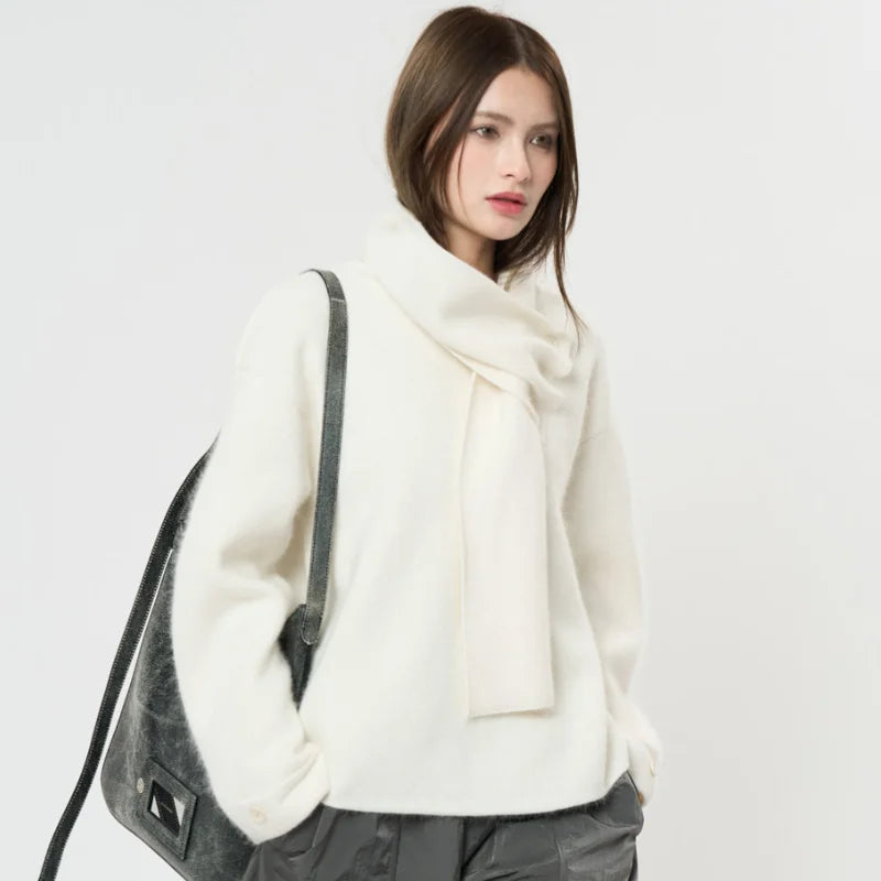 Winter wool sweater women's casual solid color round neck long sleeved scarf decoration loose sweater