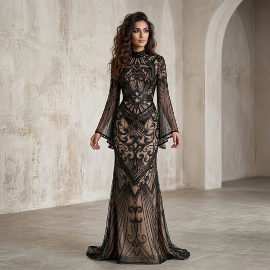 Sharon Said Dubai Black Evening Dress Geometric Beaded Pattern Long Flare Sleeve شارون سعيد Women Formal Prom Gown SS055 Custom