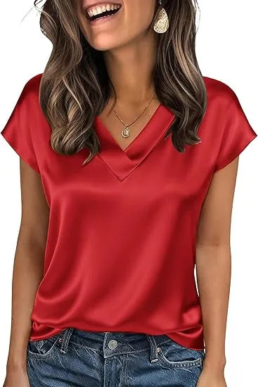 Women's Summer New T-shirt Casual V-Neck Short Sleeve Blouse Business Casual Tops Satins Silk Summer Shirt Work Solid Color Tops