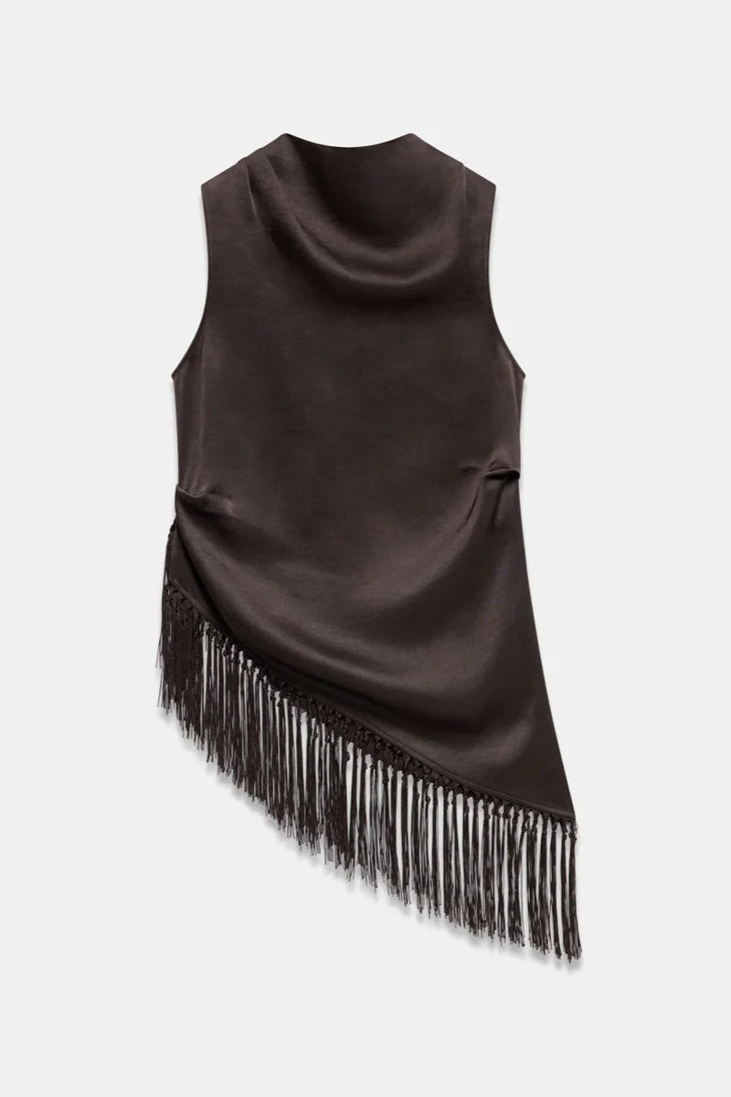 Women's Summer Tassel Hem Vest Brown Sleeveless Solid Color High Neck Long Tank Tops