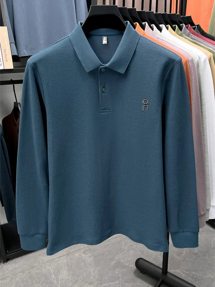 100% pure cotton polo shirt long sleeved men's brand fashionable embossed T-shirt sports breathable spring autumn casual new top