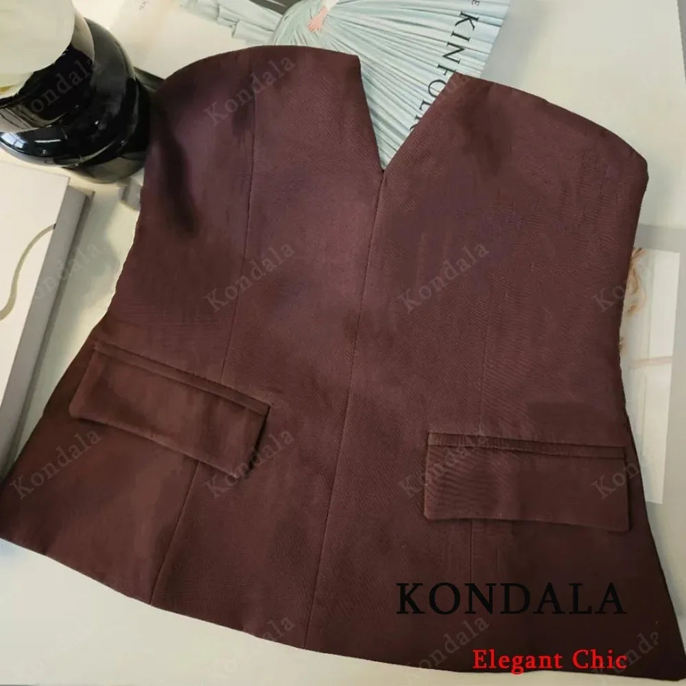 KONDALA-Women Elegant Chocolate Skirt Set Tube Top + Elastic Waist Satin Hip Skirt New 2025 Spring Summer Slim Mocha Mousse Set