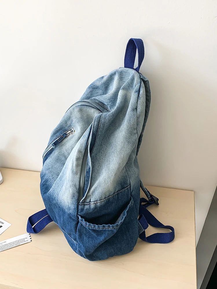 Men's and Women's Backpacks, Student School Bags, Large-Capacity Washed Denim Bags