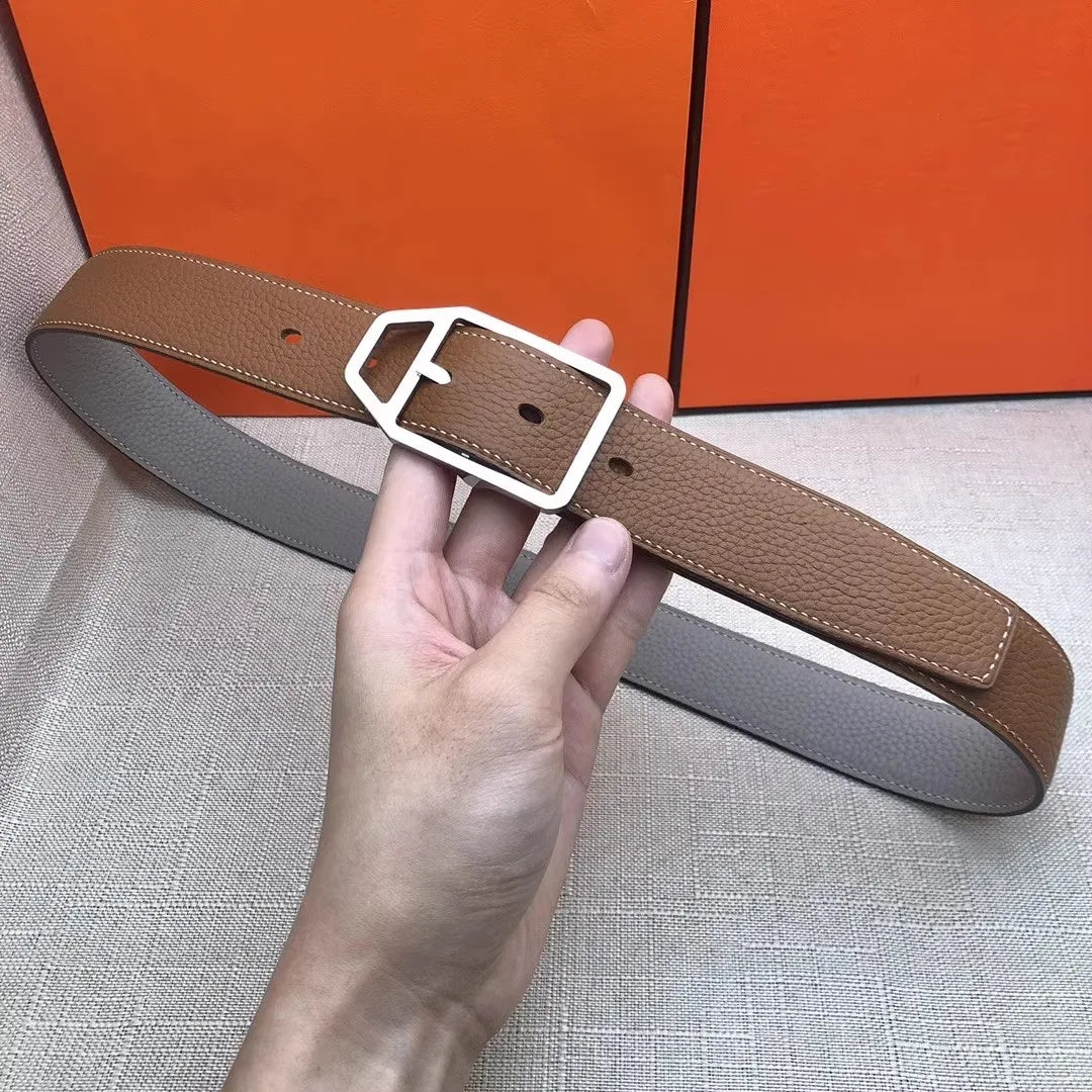 Double-Sided Genuine Leather Belt for Men And Women Casual Lychee Skin Waist Belt Couple Sle Gift Box Soft Surface Stainles...