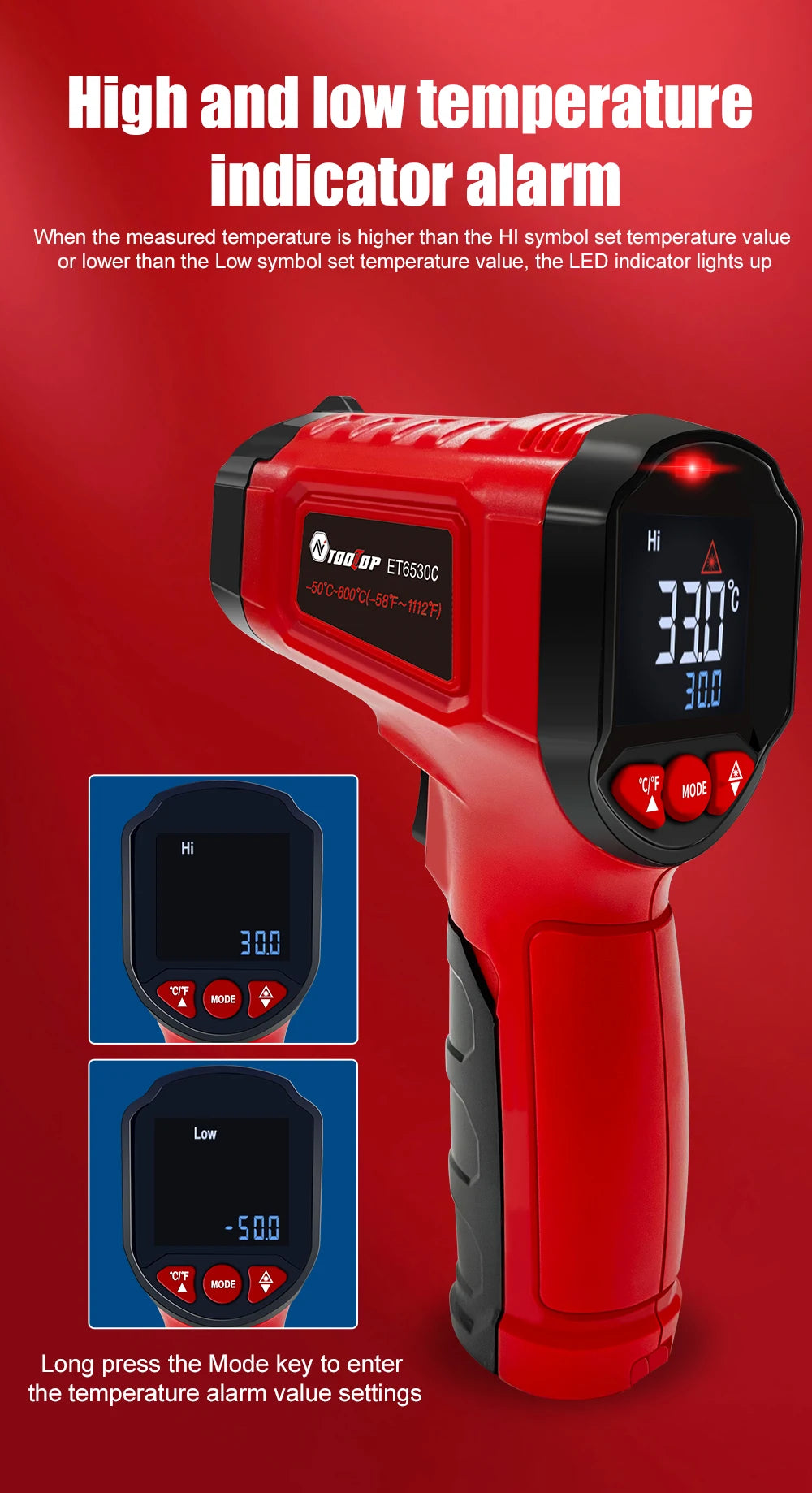 TOOLTOP ET6530C -50°C-600°C Handheld Digital Thermometer Laser Backlight Display Industrial Thermometer For Kitchen Outdoor Car