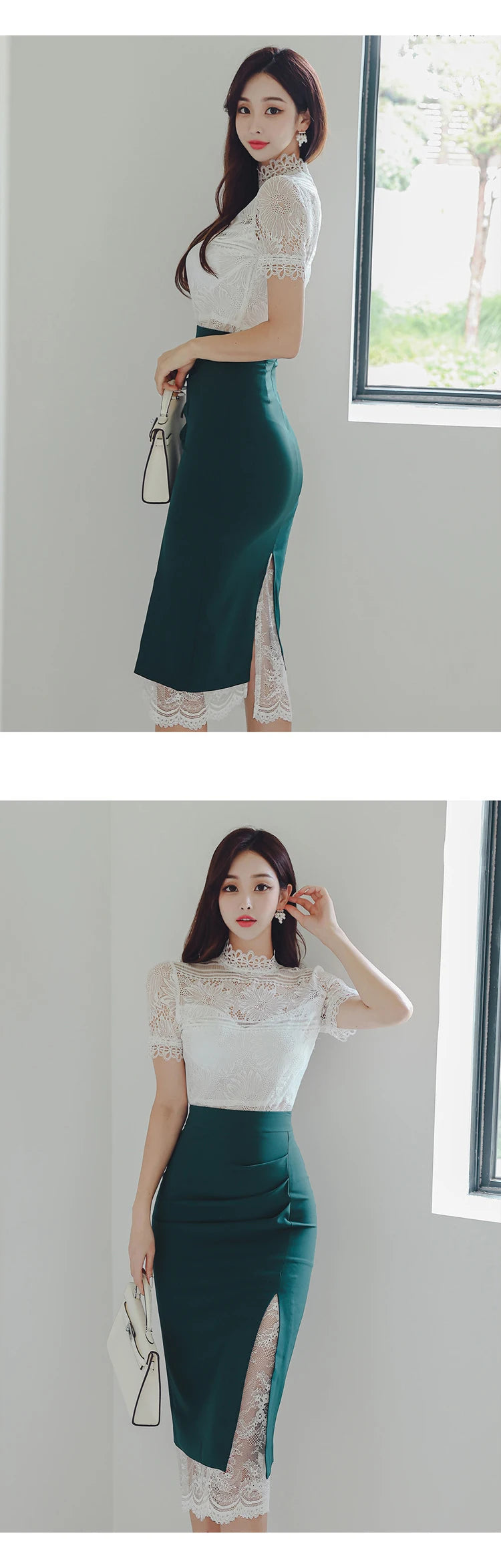 Summer Women Clothes Fashion Elegant 2 Pieces Outfit Sheer Sexy Lace White Tops Shirt Blouse And High Waist Midi Skirt Mujer Set