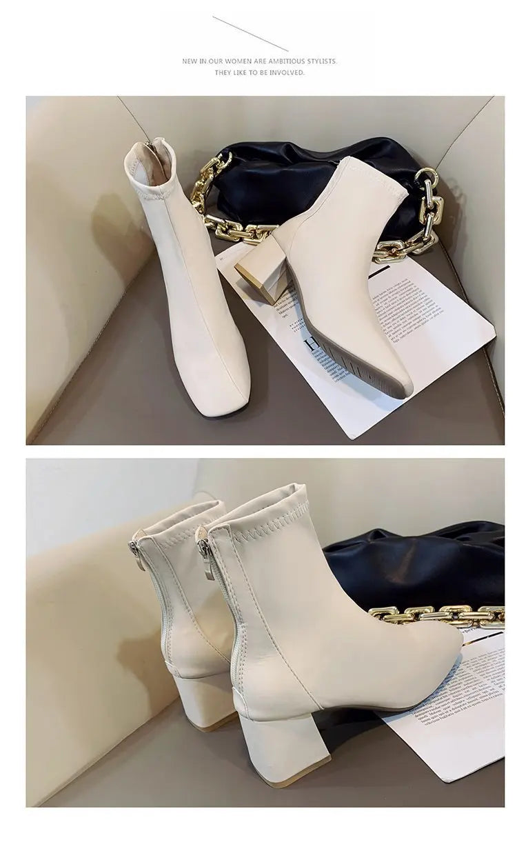 Ladies Bla High Heel ort Boots Spring Autumn Briti Sle Square Head  Boots Faionable Waterproof PU Leather