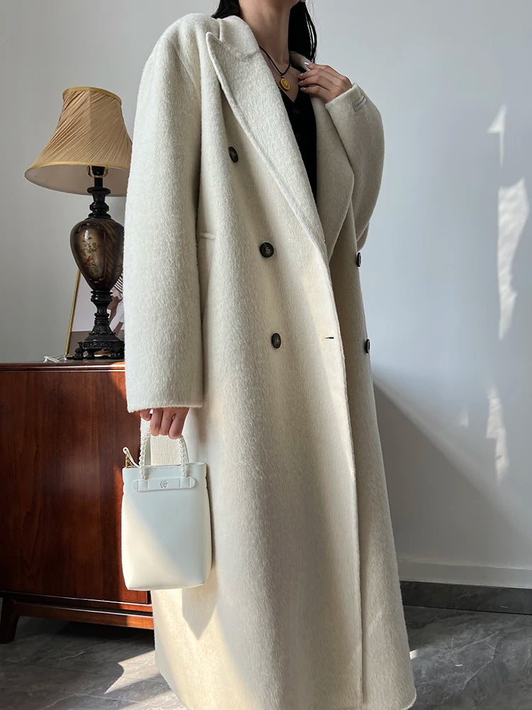 Office Lady Woolen Jackets 2024 Autumn And Winter Suit Collar Double Breasted Warmer Yak Hair Loose Long Women's Wool Coats