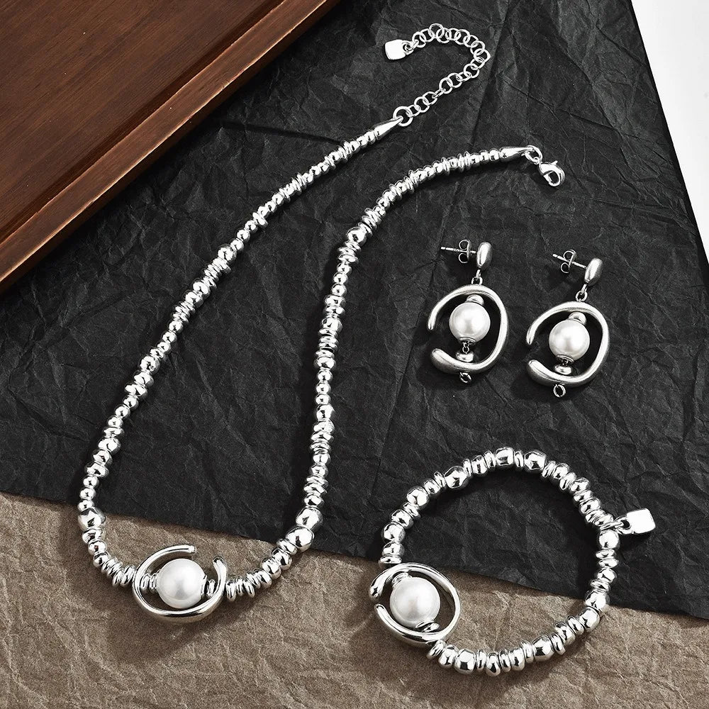 Pearl Jewelry Set, Gold Silver Necklace Earrings Bracelet Set, Elegant Wedding Party Jewelry For Women Gifts